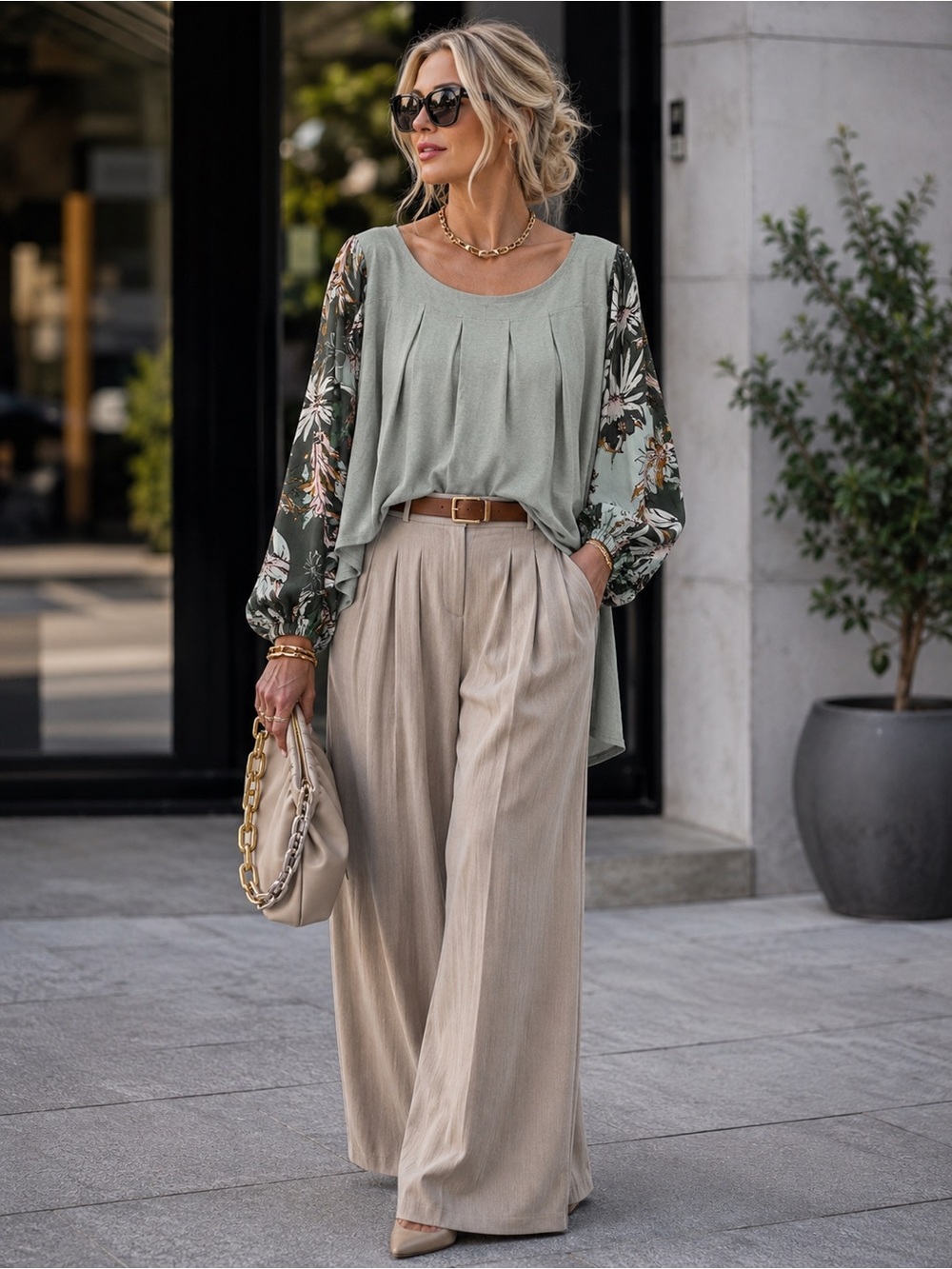 Free People Sage Layered Top with Floral Sleeves